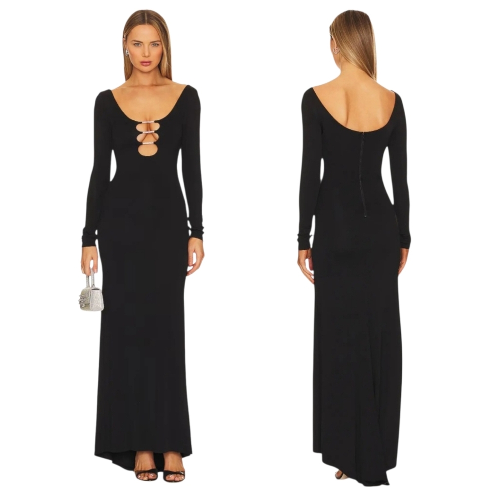 Alice + Olivia Kalena Crystal Cutout Jersey Maxi Dress Black Size 10 NWT